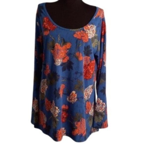 Lularoe XL Tunic Top Floral Print Long Sleeve Blue Pink Tee Shirt Hi-Low Stretch - Picture 1 of 8